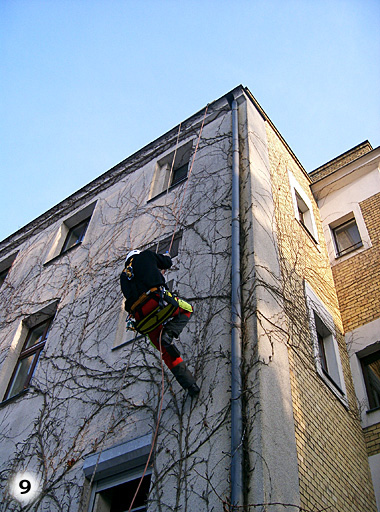 Fassadenarbeiten mit Seil an rankenbewachsener Hauswand