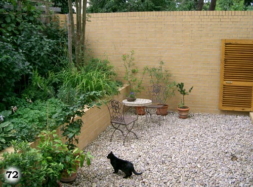 Ein Garten mit einem Boden aus Kieselsteinen, einer großen Mauer und einer Katze im Vordergrund