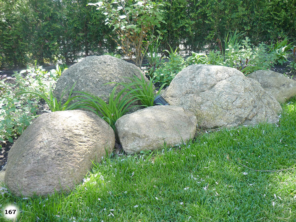 Viele große unterschiedliche Steine an den kleine Pflanzen wachsen an einem Beet