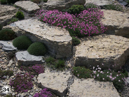 große Steine Treppenform angedeutet mit Kieselsteinen und Blumen