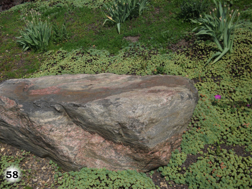 Ein großer Stein auf einer Grünfläche, mit kleinen Büschen im Hintergrund