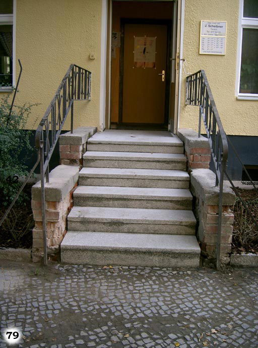 Eine Treppe vor einem Hauseingang mit beidseitigen Metallgeländern